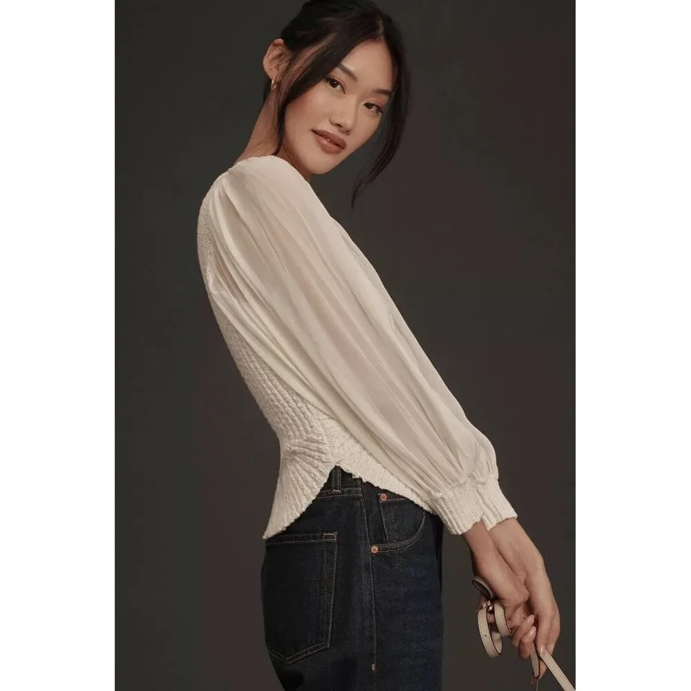 NWT! ANTHROPOLOGIE‎ Sheer Long-Sleeve V-Neck Knit Sweater Ivory Cream Size S - Picture 2 of 11